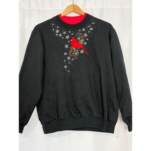 Vintage Embroidered Cardinal Snowflake Sweatshirt Black Large Grannycore Grandma